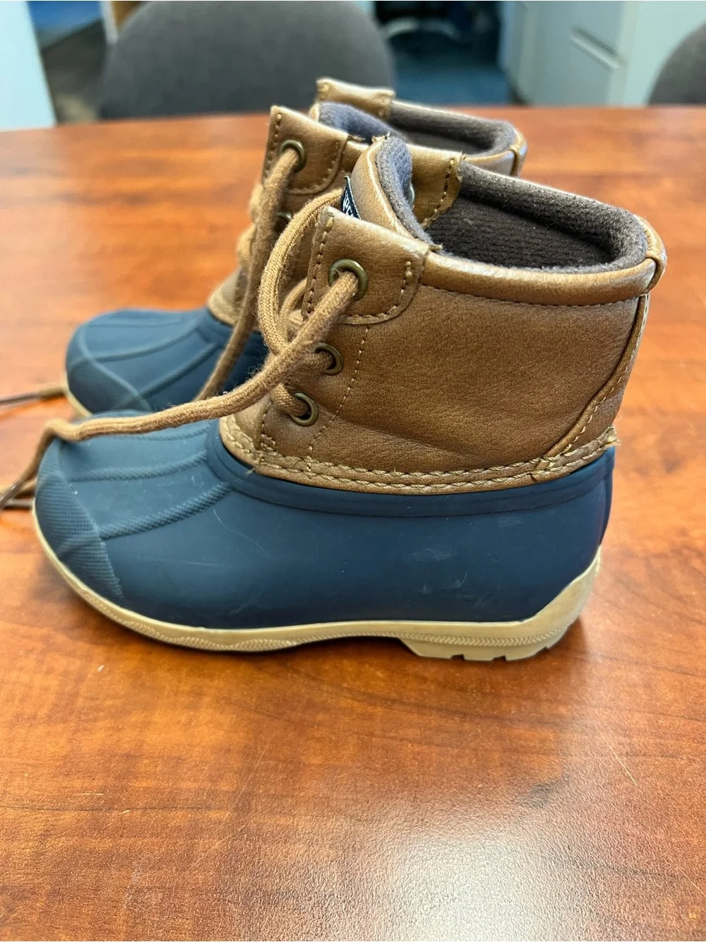 Sperry Kids Navy and Brown Lace-Up Rain Boots Sz 8T